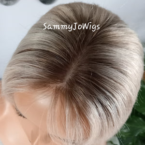 Silk base topper, virgin human hair, 90- ice blonde, medium ash root