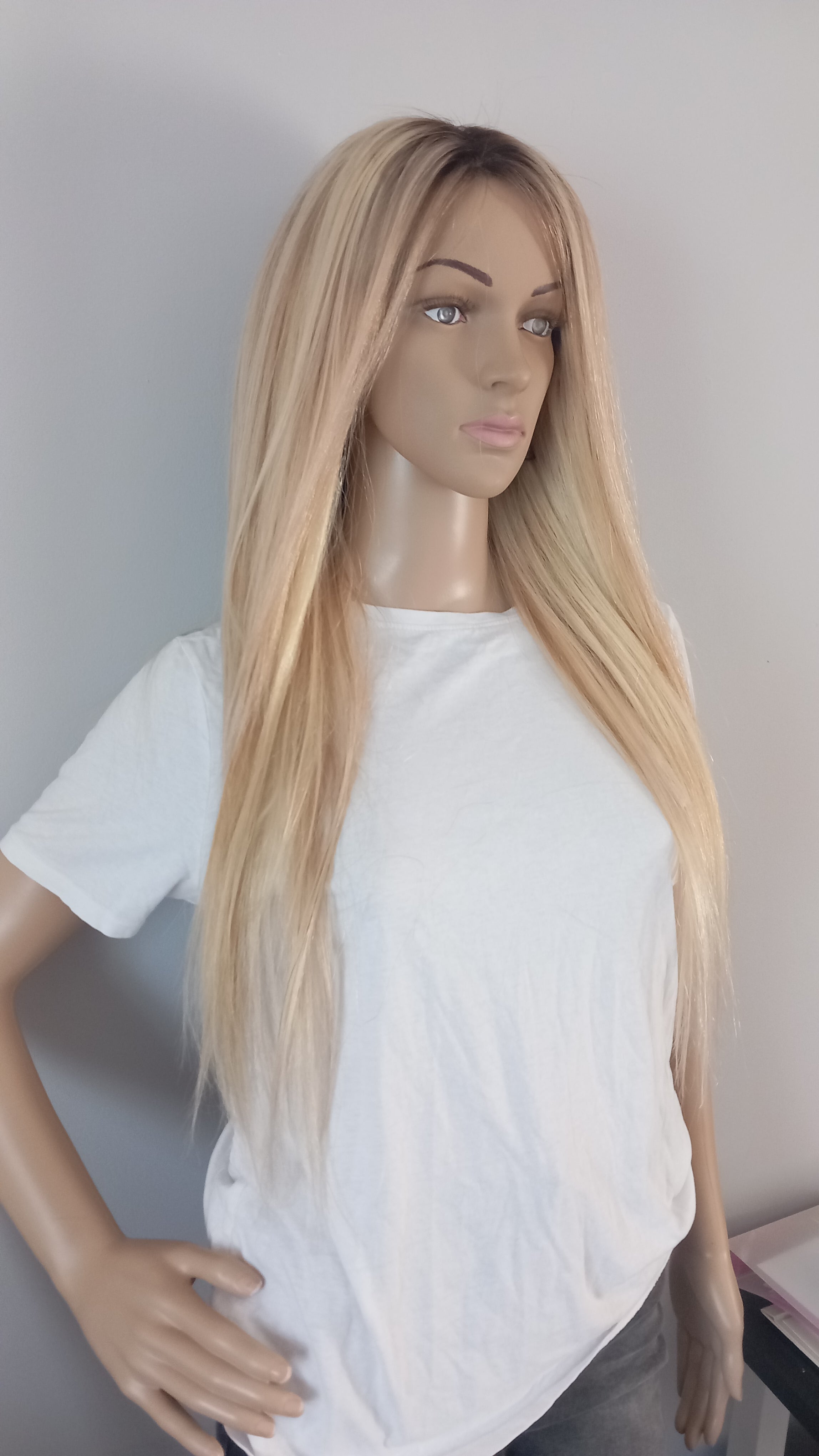 The Harmony Silk base wig, virgin human hair, 18/613 ash blonde/light blonde, medium root, 12/14/16/18/20 inch