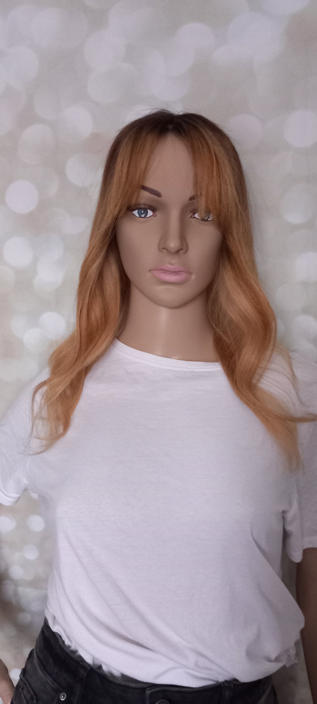 Human hair topper with silk base, realistic scalp effect, strawberry blonde balayage