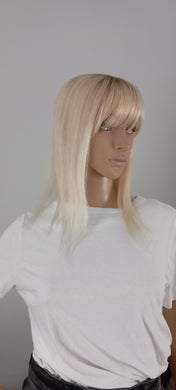 Immediate despatch- Human hair topper, silk and lace base, 60, lightest blonde, light root, 14 inches long, fringe, bangs