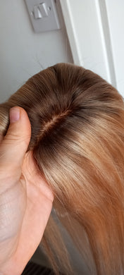 Immediate despatch- Teeny topper, human hair topper, silk base, clip in, #18/24- ash blonde/warm  blonde, medium root