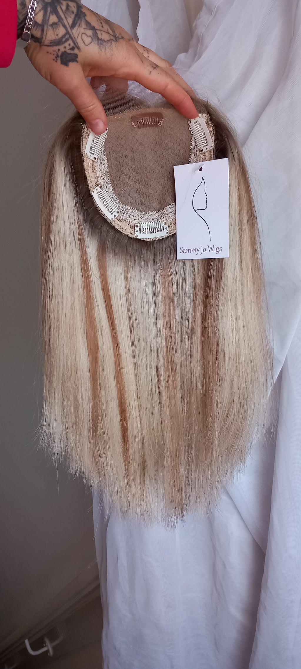 The Harmony silk base topper, virgin human hair, 8/613 light blonde, light warm brown, light root, 12/14/16/18 inch