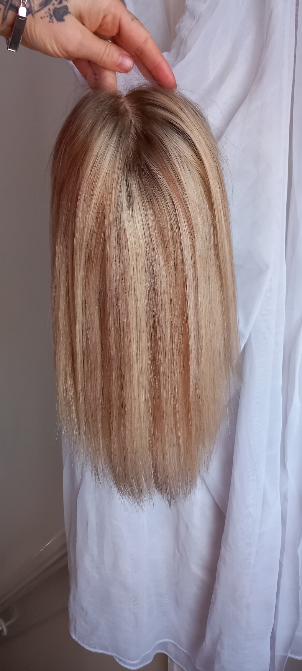 The Harmony silk base topper, virgin human hair, 8/613 light blonde, light warm brown, light root, 12/14/16/18 inch