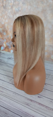 Immediate despatch- Human hair topper, silk and lace base, 8/613, light warm brown/ light blonde, light root, 14 inches long