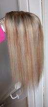 Load image into Gallery viewer, Immediate despatch- Human hair topper, silk and lace base, 8/613, light warm brown/ light blonde, light root, 14 inches long