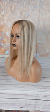 Load image into Gallery viewer, Immediate despatch- Human hair topper, silk and lace base, 613,  light blonde, light root and lowlights, 14 inches long