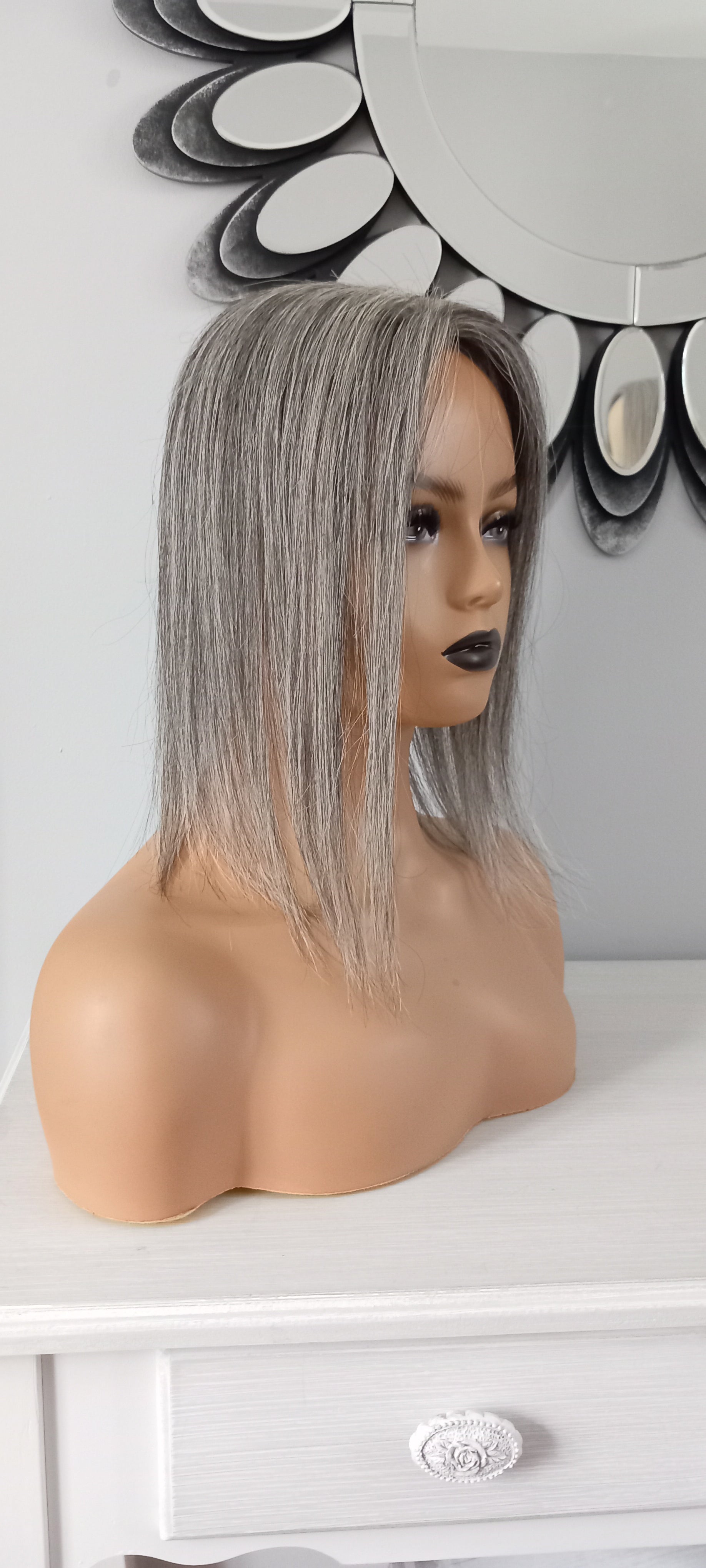 Ready to ship- Silk base topper, salt and pepper dark grey, 3*5inch, 12 inches long