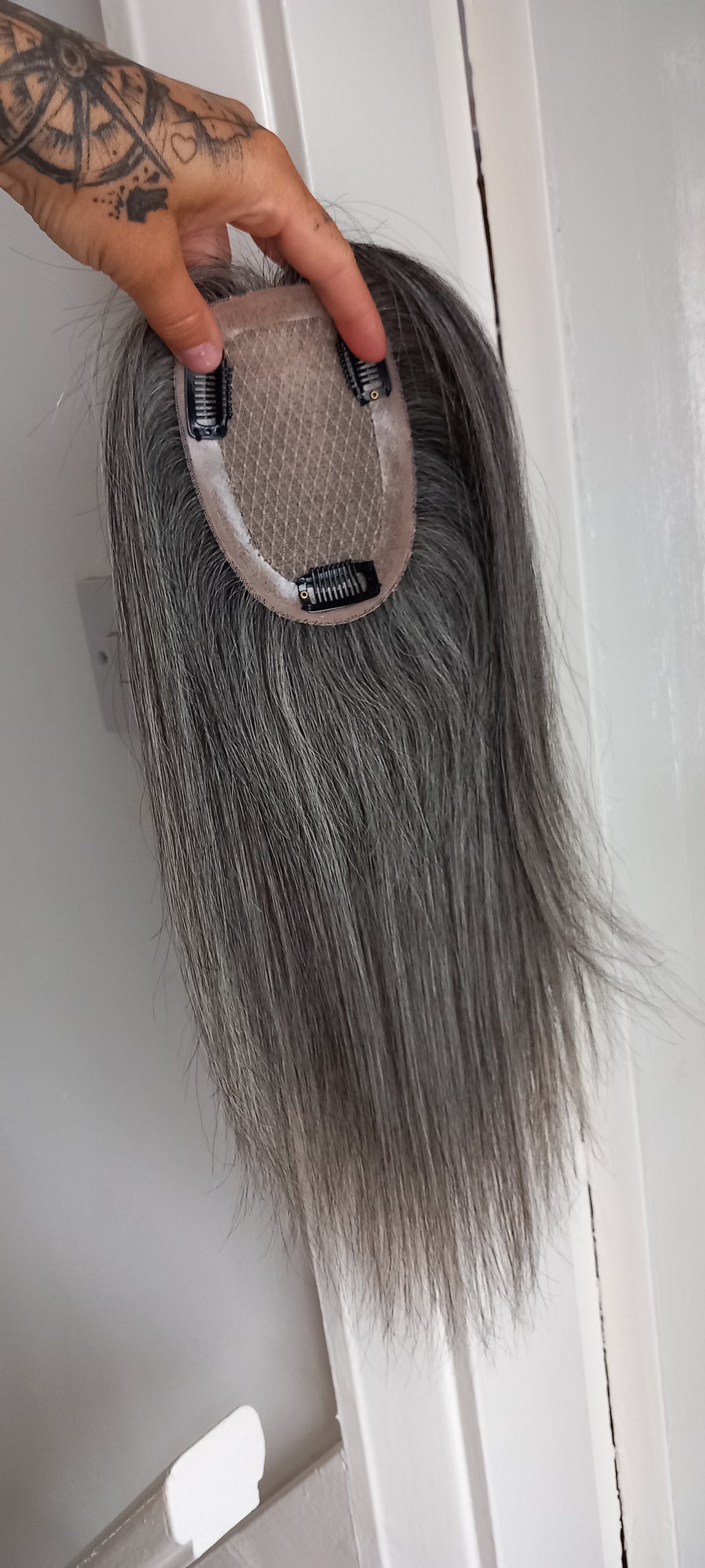 Ready to ship- Silk base topper, salt and pepper dark grey, 3*5inch, 12 inches long