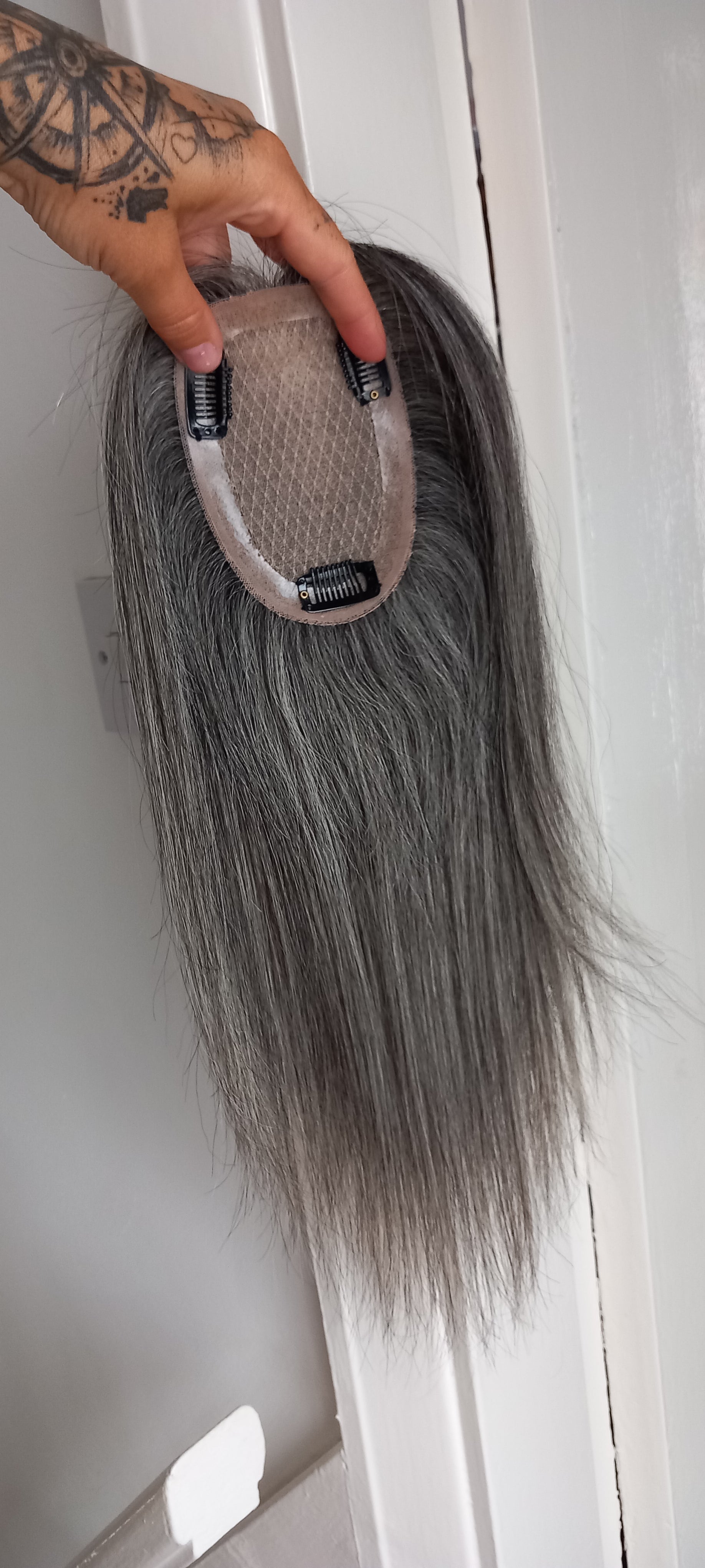 Ready to ship- Silk base topper, salt and pepper dark grey, 3*5inch, 12 inches long