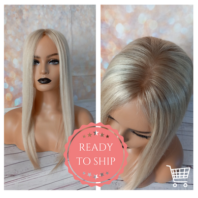 Ready to ship- Silk base topper, 60/90 lightest/ice blonde, extra light root plus lowlight, 5x5 inch, 18 inches long