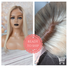 Load image into Gallery viewer, Ready to ship- Silk base topper, virgin human hair, 60- lightest blonde, light root, 18 inches long