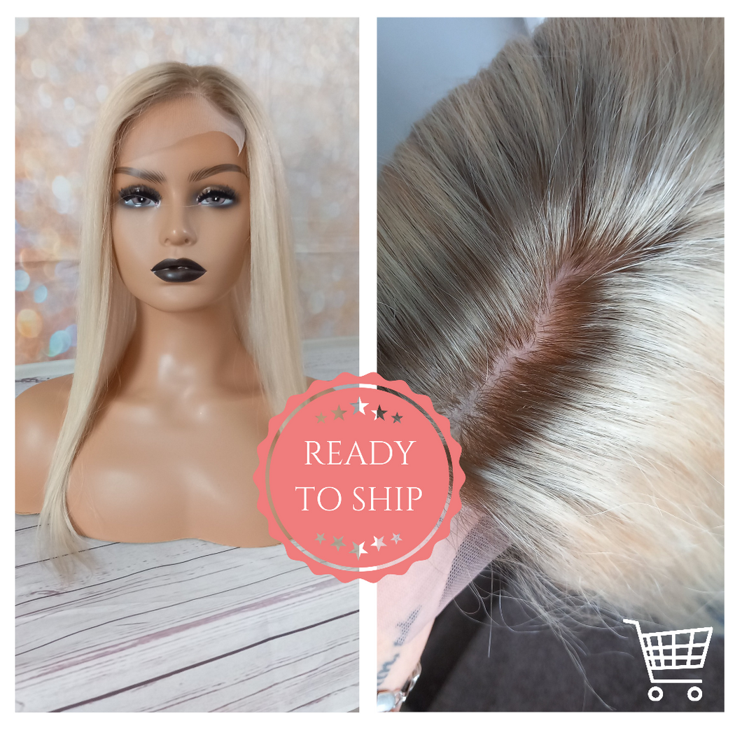 Ready to ship- Silk base topper, virgin human hair, 60- lightest blonde, light root, 18 inches long