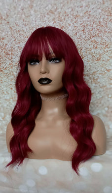 Ready to ship- plum red wave mid length fibre wig, synthetic, fringe, bangs