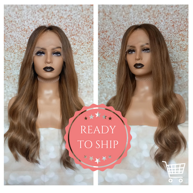 Golden brown goddess human hair lace top wig with mini lace front Medium cap, 20 inches long, 200 density