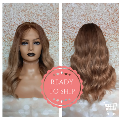 Beautifully soft blended balayage human hair lace top wig with mini lace front Medium cap, 16 inches long, 200 density