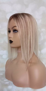 Lace and weft base human hair topper, 12 inches long, blonde with medium brown lowlight and root