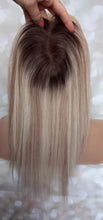 Load image into Gallery viewer, Lace and weft base human hair topper, 12 inches long, blonde with medium brown lowlight and root