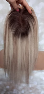 Lace and weft base human hair topper, 12 inches long, blonde with medium brown lowlight and root