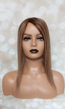 Load image into Gallery viewer, Monofilament base human hair topper, 16 inches long, dark brown with caramel highlights