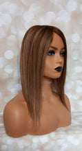 Load image into Gallery viewer, Monofilament base human hair topper, 16 inches long, dark brown with caramel highlights