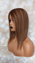 Load image into Gallery viewer, Monofilament base human hair topper, 16 inches long, dark brown with caramel highlights