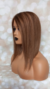 Monofilament base human hair topper, 16 inches long, dark brown with caramel highlights