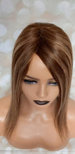 Load image into Gallery viewer, Monofilament base human hair topper, 16 inches long, dark brown with caramel highlights