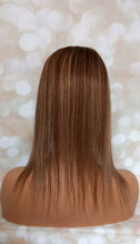 Load image into Gallery viewer, Monofilament base human hair topper, 16 inches long, dark brown with caramel highlights