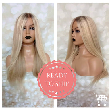 Ready to ship- Silk base human hair wig, ash blonde, light blonde, medium root