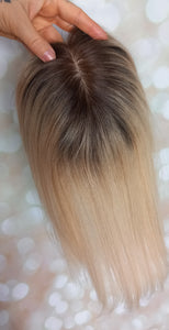 Ready to ship- silk base human hair topper, 12 inches long,honey blonde with root