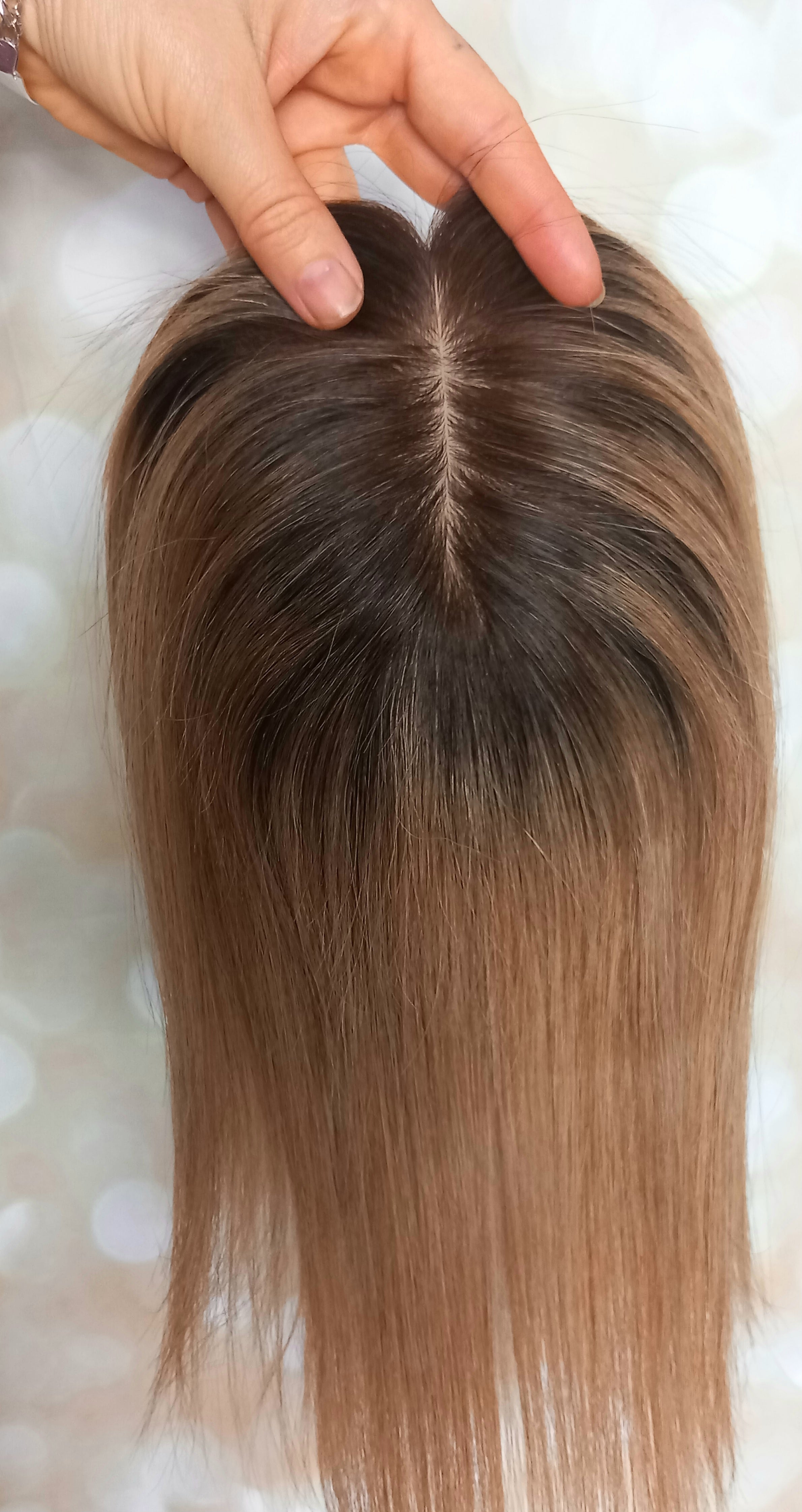 Ready to ship- Mila silk base human hair topper, 12 inches long, light ash brown with root