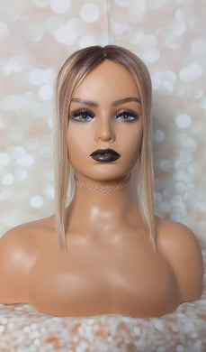 Ready to ship- silk base human hair topper, 12 inches long, light blonde/ medium brown with root