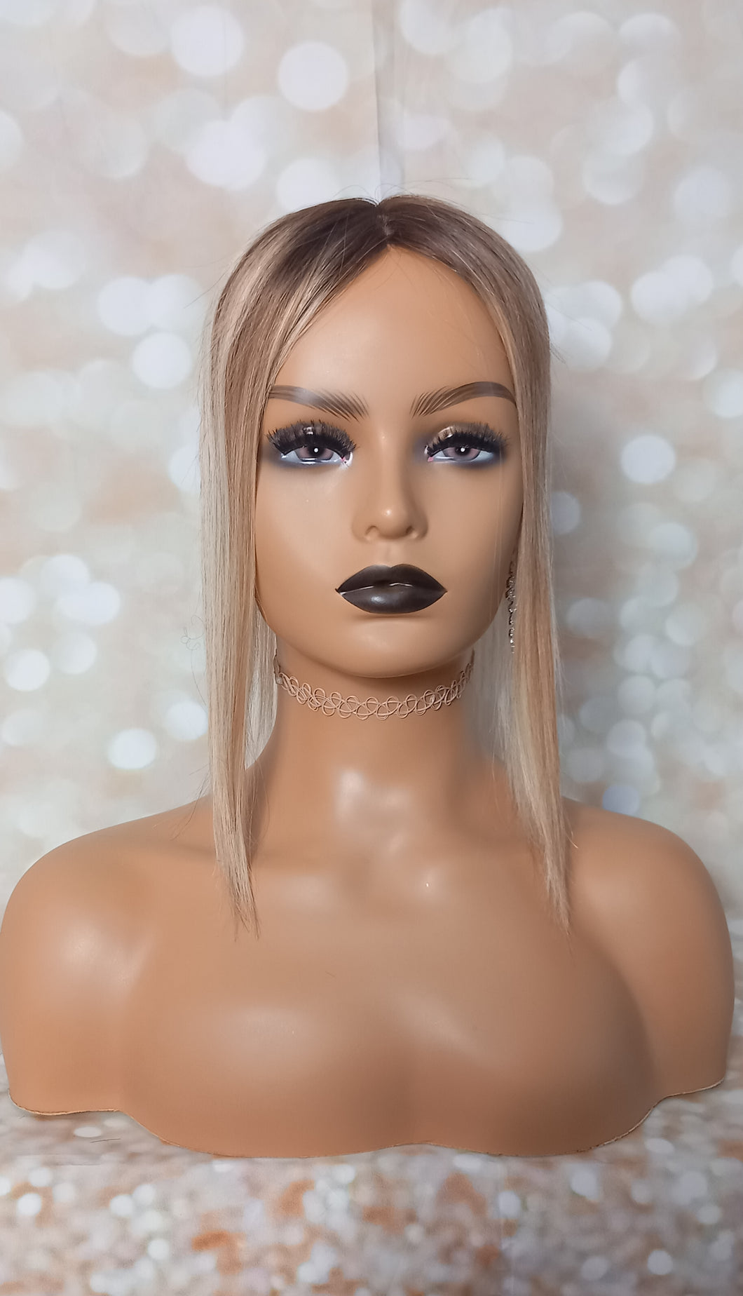 Ready to ship- silk base human hair topper, 12 inches long, light blonde/ medium brown with root