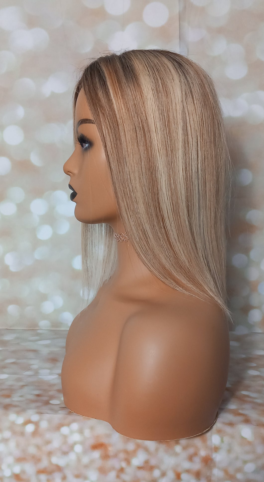 Ready to ship- silk base human hair topper, 12 inches long, light blonde/ medium brown with root