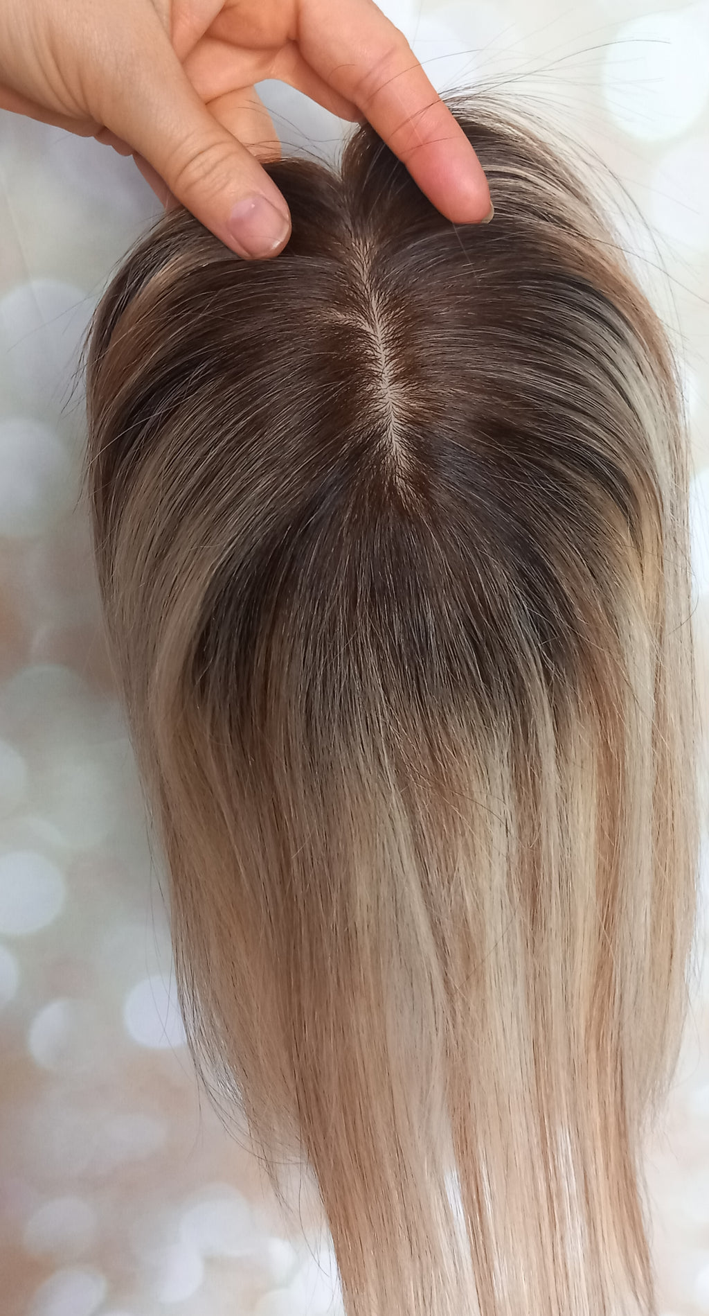 Ready to ship- Mila silk base human hair topper, 12 inches long, light blonde/ medium brown with root