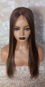 Ready to ship - human hair topper, silk and weft base, dark brown with caramel highlights , 20 inches long