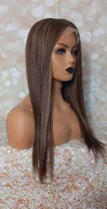 Ready to ship - human hair topper, silk and weft base, dark brown with caramel highlights , 20 inches long