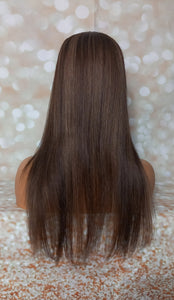 Ready to ship - human hair topper, silk and weft base, dark brown with caramel highlights , 20 inches long