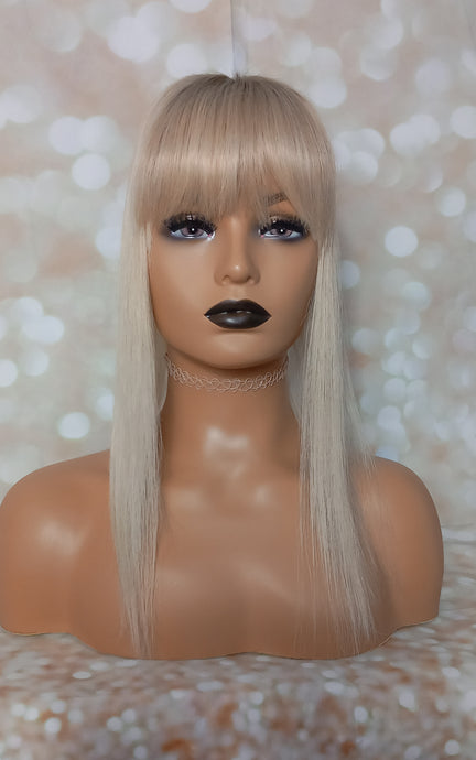 Ready to ship- Silk base topper, lightest blonde light root and blended lowlight, 4x5 inch, 18 inches long with fringe