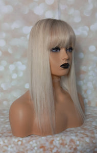 Ready to ship- Silk base topper, lightest blonde light root and blended lowlight, 4x5 inch, 18 inches long with fringe