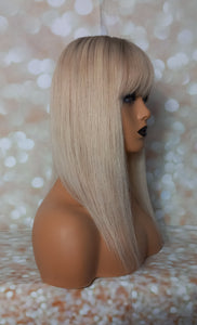 Ready to ship- Silk base topper, lightest blonde light root and blended lowlight, 4x5 inch, 18 inches long with fringe