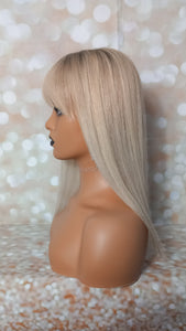 Ready to ship- Silk base topper, lightest blonde light root and blended lowlight, 4x5 inch, 18 inches long with fringe