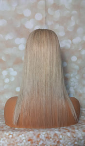 Ready to ship- Silk base topper, lightest blonde light root and blended lowlight, 4x5 inch, 18 inches long with fringe