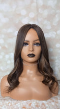 Load image into Gallery viewer, Ready to ship - human hair topper, silk and weft base, dark/darkest brown with caramel highlights , 16 inches long