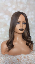 Load image into Gallery viewer, Ready to ship - human hair topper, silk and weft base, dark/darkest brown with caramel highlights , 16 inches long