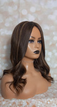 Load image into Gallery viewer, Ready to ship - human hair topper, silk and weft base, dark/darkest brown with caramel highlights , 16 inches long