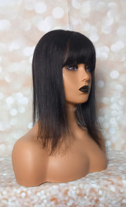 Ready to ship- silk base human hair topper, 12 inches long, 1b natural black with fringe/bangs