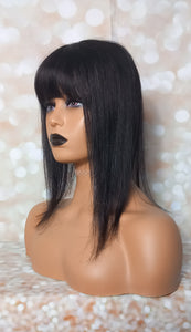 Ready to ship- silk base human hair topper, 12 inches long, 1b natural black with fringe/bangs