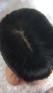 Ready to ship- silk base human hair topper, 12 inches long, 1b natural black with fringe/bangs