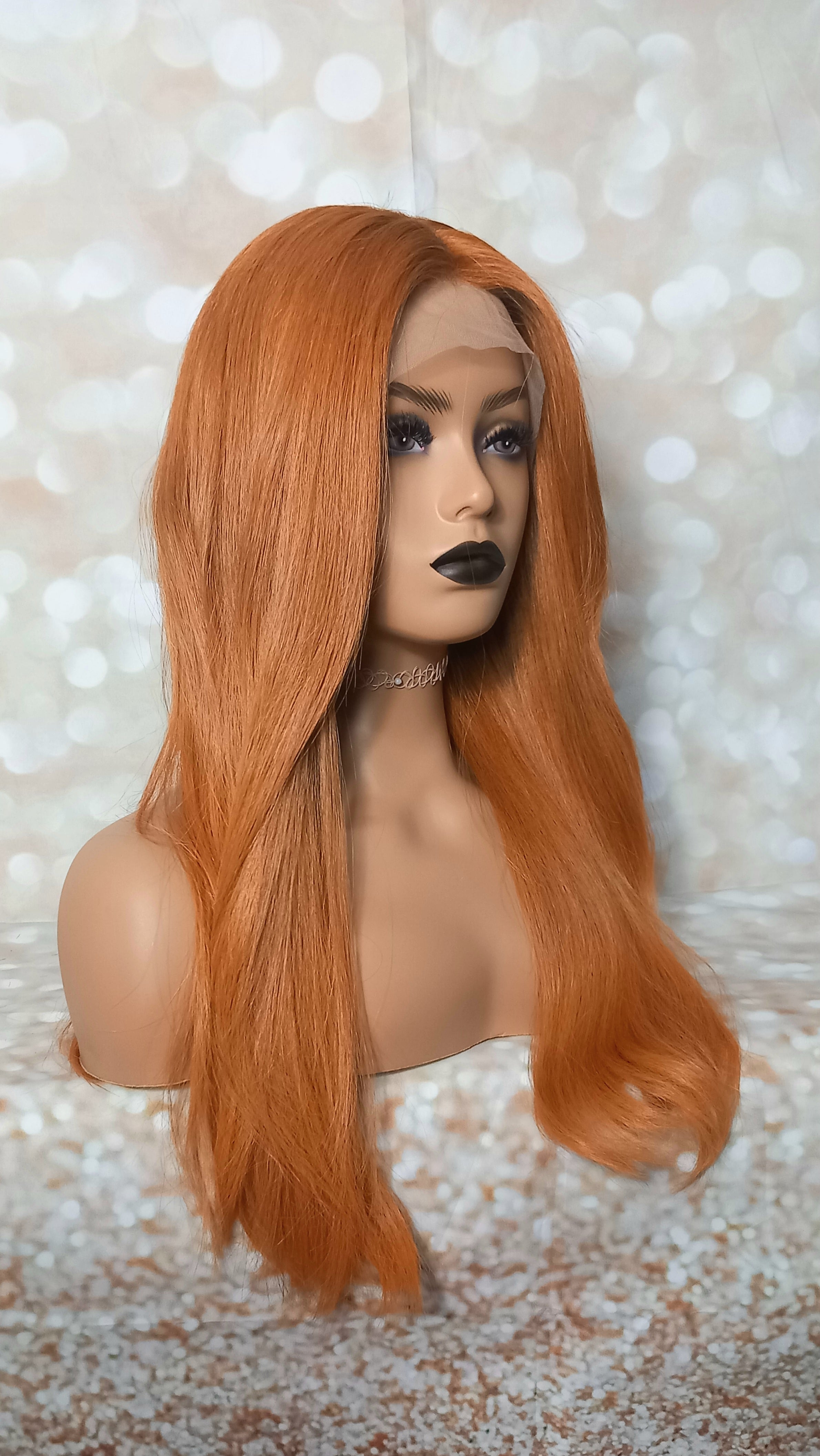 Clearance - Ready to ship -Copper dream human hair lace top wig with mini lace front medium cap, 18 inches long, 200 density, with fringe, without fringe option